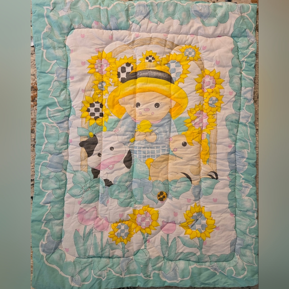 Vintage Baby Quilt Farmer & Farm Animals Design Flowersβ Made In Canada